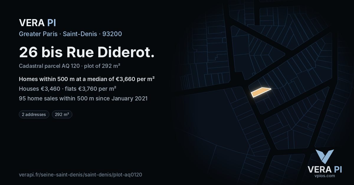 26 bis Rue Diderot, Saint-Denis at night – the plot lit, the parcels around coloured by the prices near them