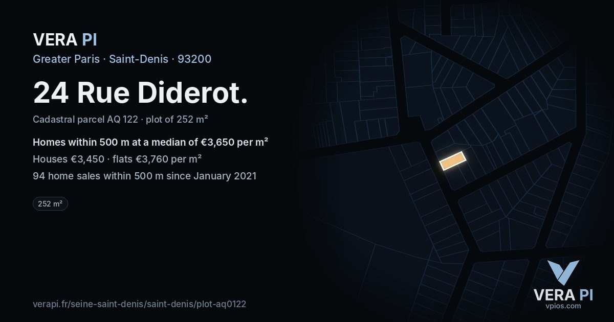 24 Rue Diderot, Saint-Denis at night – the plot lit, the parcels around coloured by the prices near them