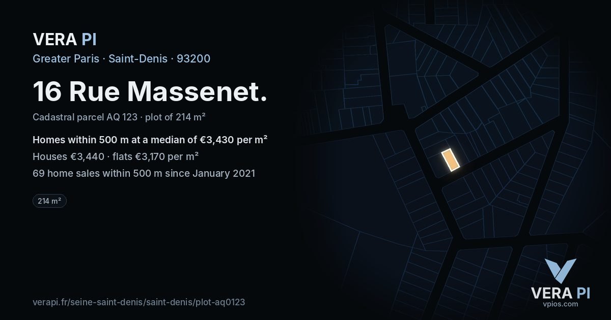 16 Rue Massenet, Saint-Denis at night – the plot lit, the parcels around coloured by the prices near them