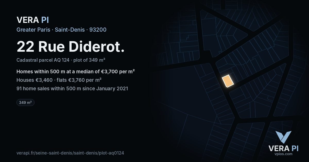 22 Rue Diderot, Saint-Denis at night – the plot lit, the parcels around coloured by the prices near them