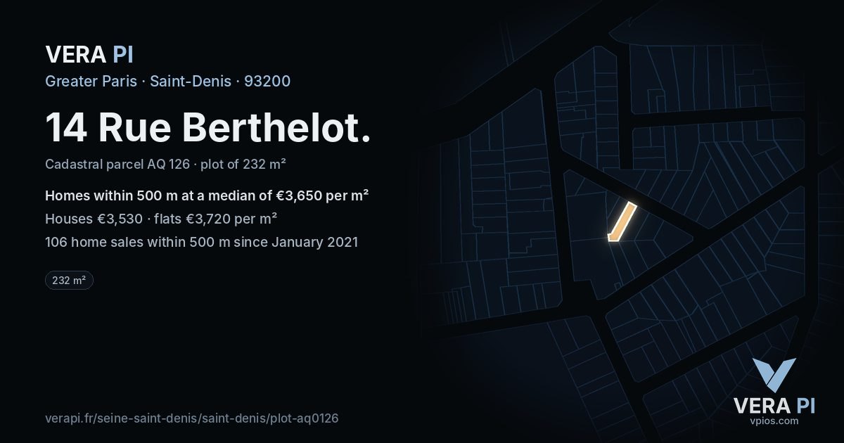 14 Rue Berthelot, Saint-Denis at night – the plot lit, the parcels around coloured by the prices near them