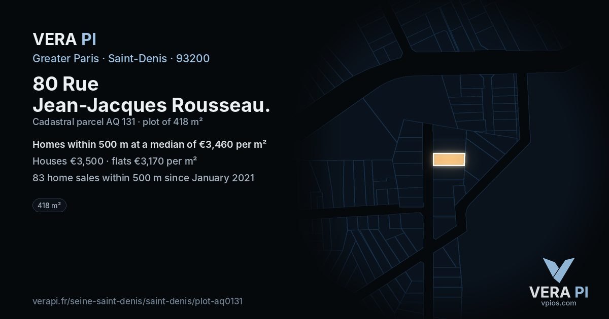 80 Rue Jean-Jacques Rousseau, Saint-Denis at night – the plot lit, the parcels around coloured by the prices near them