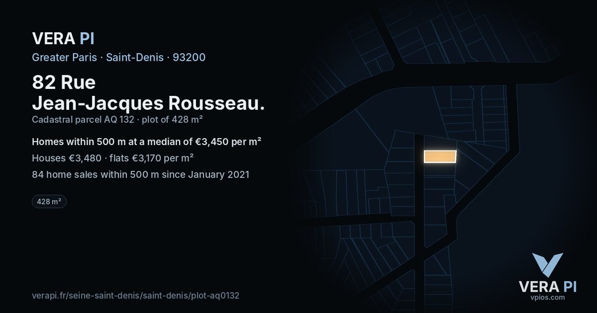 82 Rue Jean-Jacques Rousseau, Saint-Denis at night – the plot lit, the parcels around coloured by the prices near them