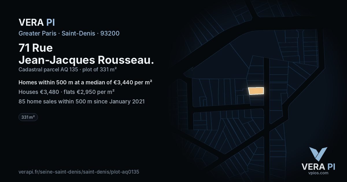 71 Rue Jean-Jacques Rousseau, Saint-Denis at night – the plot lit, the parcels around coloured by the prices near them