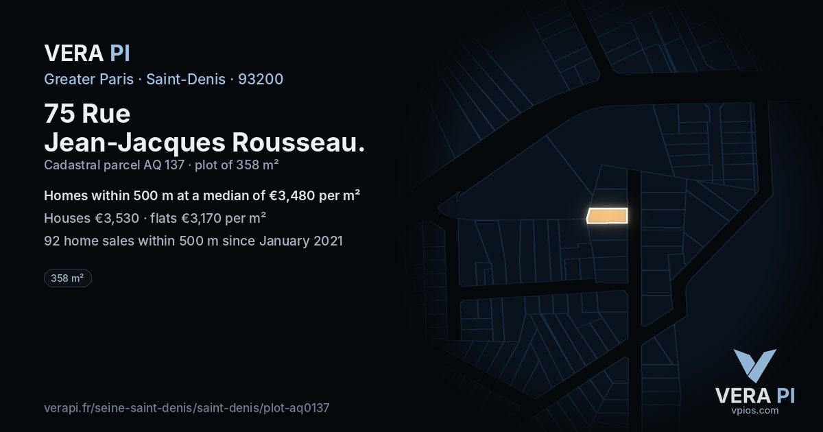 75 Rue Jean-Jacques Rousseau, Saint-Denis at night – the plot lit, the parcels around coloured by the prices near them
