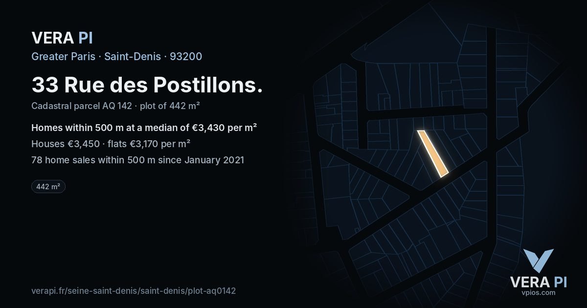 33 Rue des Postillons, Saint-Denis at night – the plot lit, the parcels around coloured by the prices near them