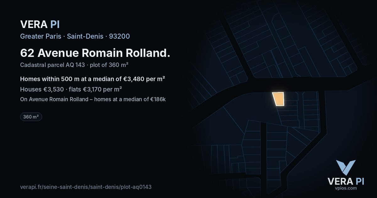 62 Avenue Romain Rolland, Saint-Denis at night – the plot lit, the parcels around coloured by the prices near them
