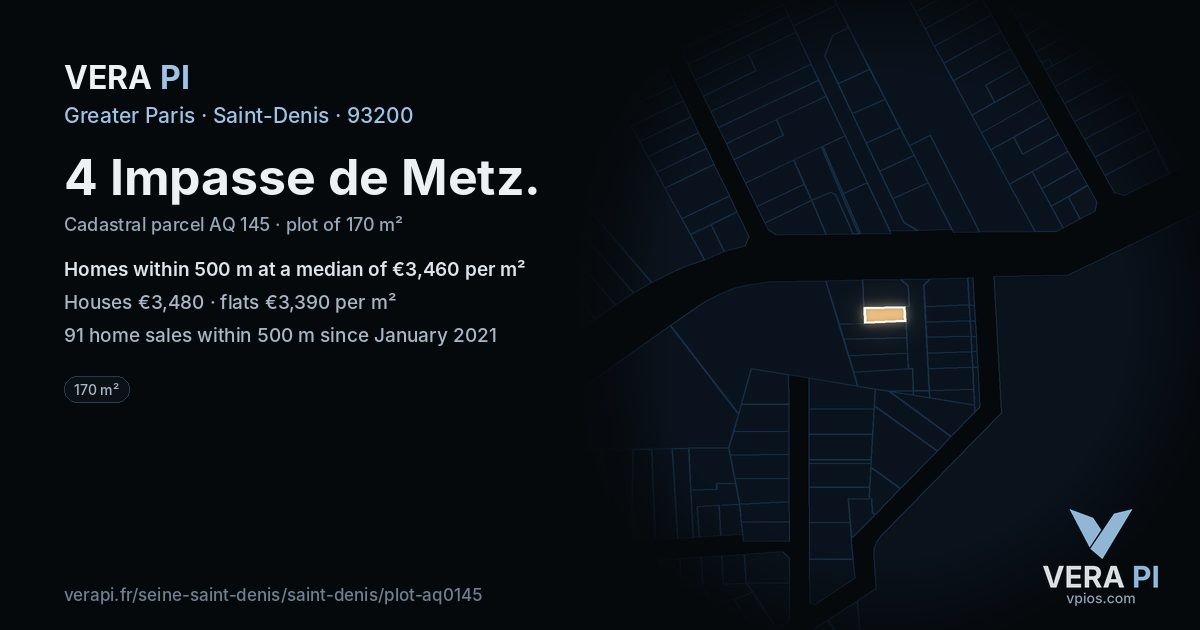 4 Impasse de Metz, Saint-Denis at night – the plot lit, the parcels around coloured by the prices near them