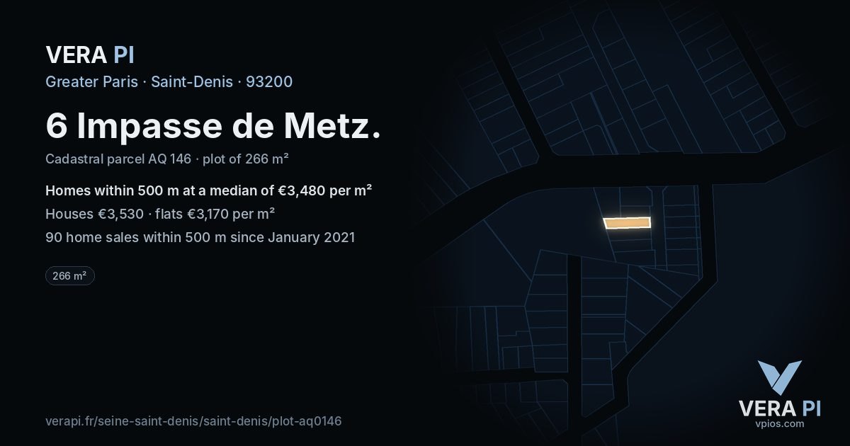 6 Impasse de Metz, Saint-Denis at night – the plot lit, the parcels around coloured by the prices near them