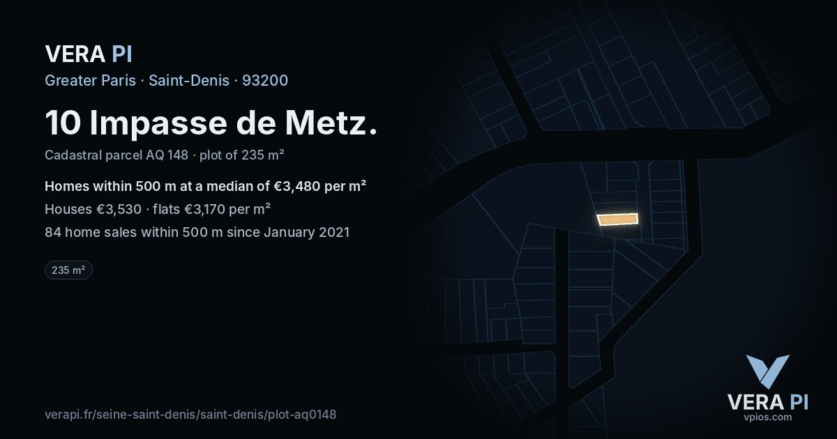 10 Impasse de Metz, Saint-Denis at night – the plot lit, the parcels around coloured by the prices near them