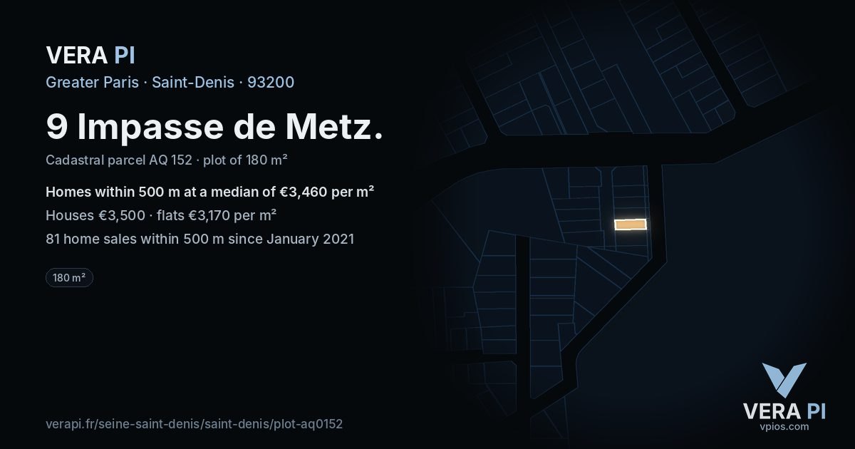 9 Impasse de Metz, Saint-Denis at night – the plot lit, the parcels around coloured by the prices near them