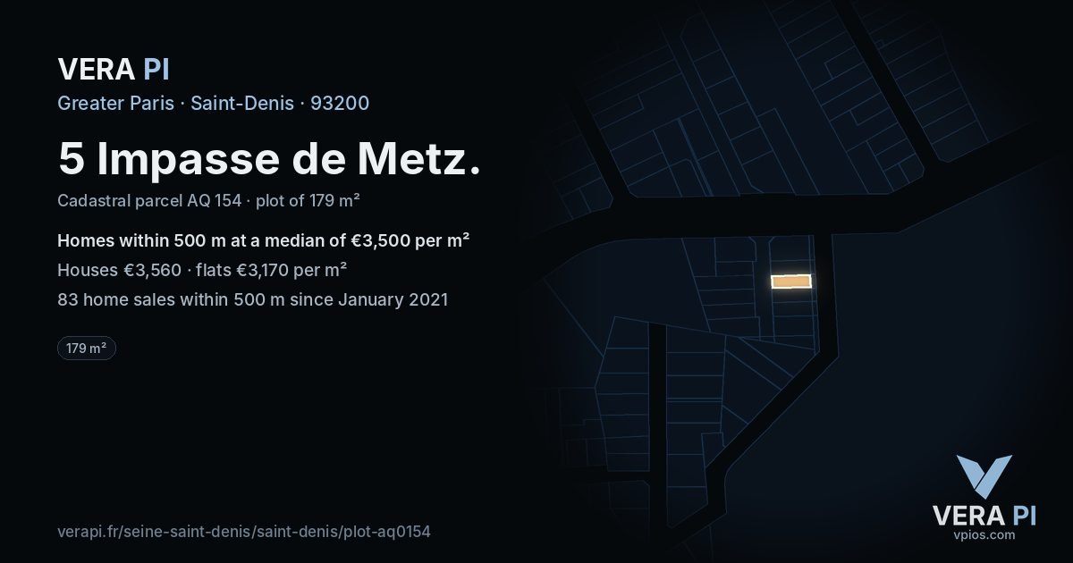 5 Impasse de Metz, Saint-Denis at night – the plot lit, the parcels around coloured by the prices near them