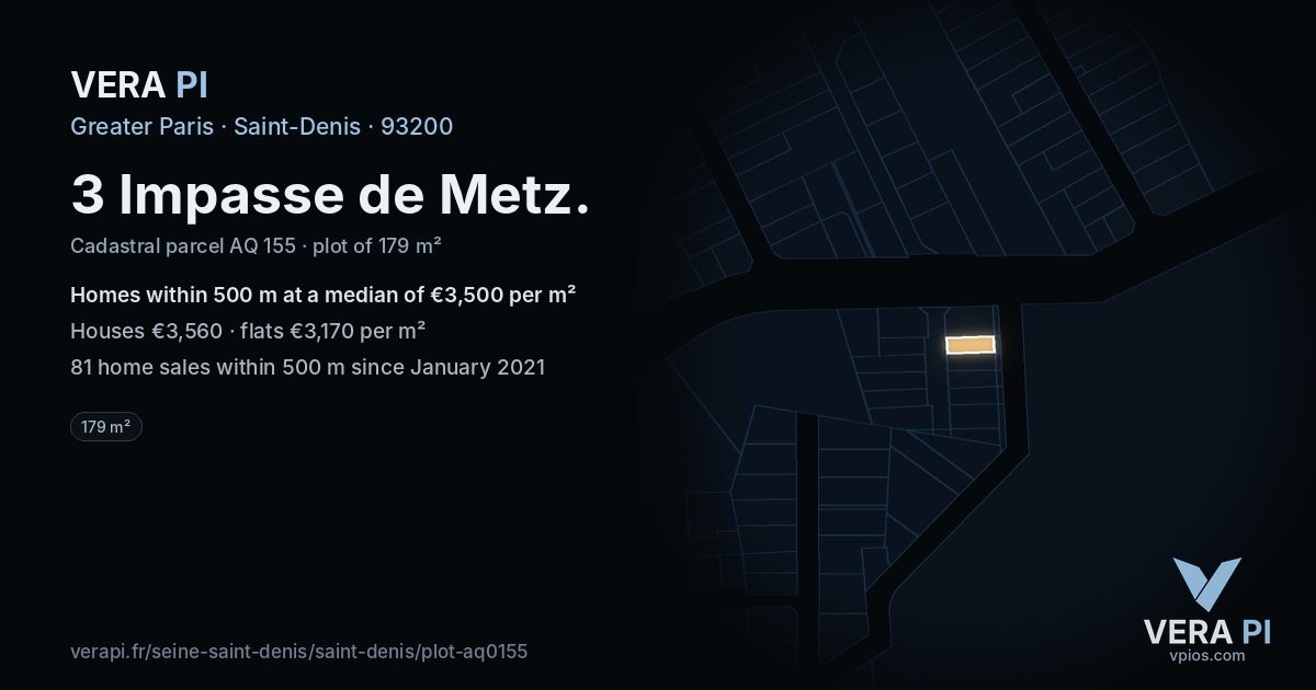 3 Impasse de Metz, Saint-Denis at night – the plot lit, the parcels around coloured by the prices near them