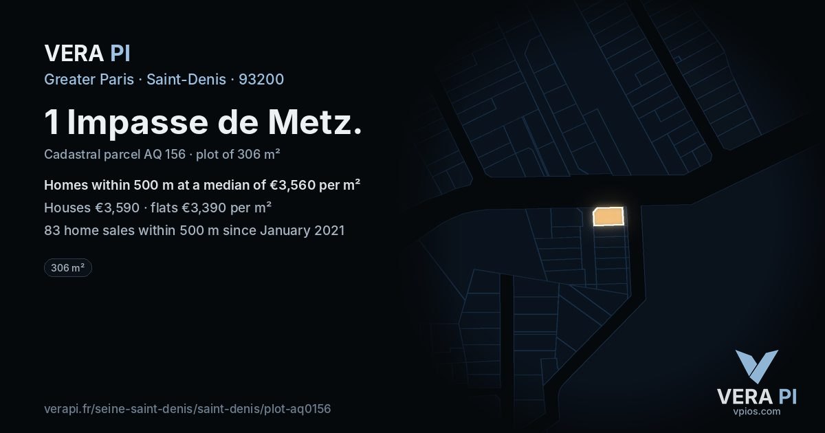 1 Impasse de Metz, Saint-Denis at night – the plot lit, the parcels around coloured by the prices near them