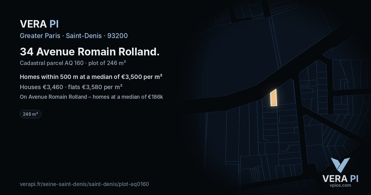 34 Avenue Romain Rolland, Saint-Denis at night – the plot lit, the parcels around coloured by the prices near them