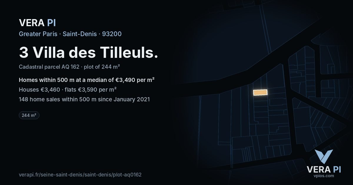 3 Villa des Tilleuls, Saint-Denis at night – the plot lit, the parcels around coloured by the prices near them