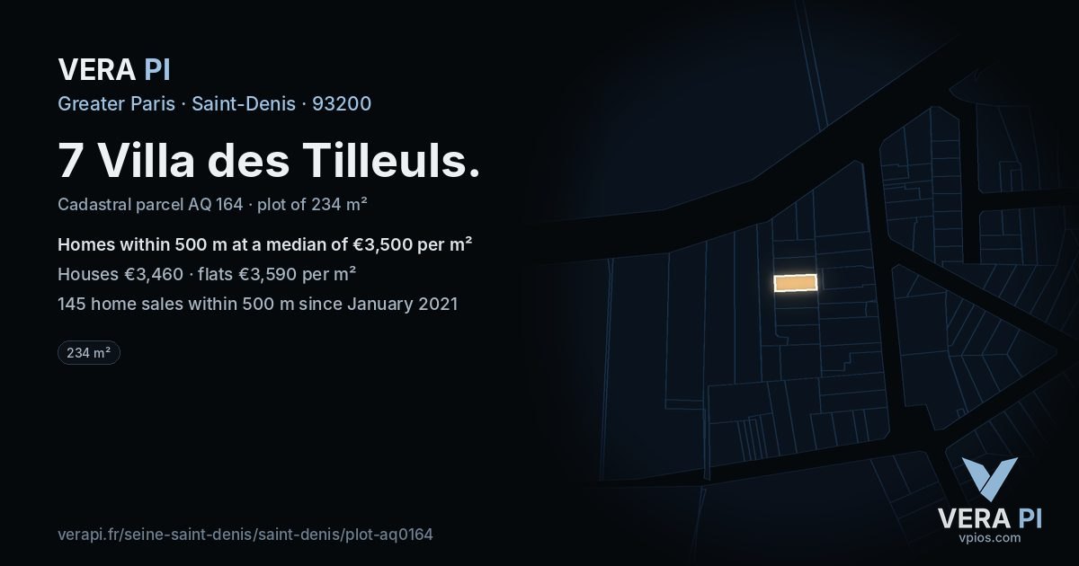 7 Villa des Tilleuls, Saint-Denis at night – the plot lit, the parcels around coloured by the prices near them