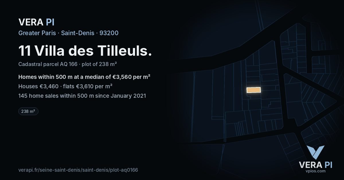 11 Villa des Tilleuls, Saint-Denis at night – the plot lit, the parcels around coloured by the prices near them