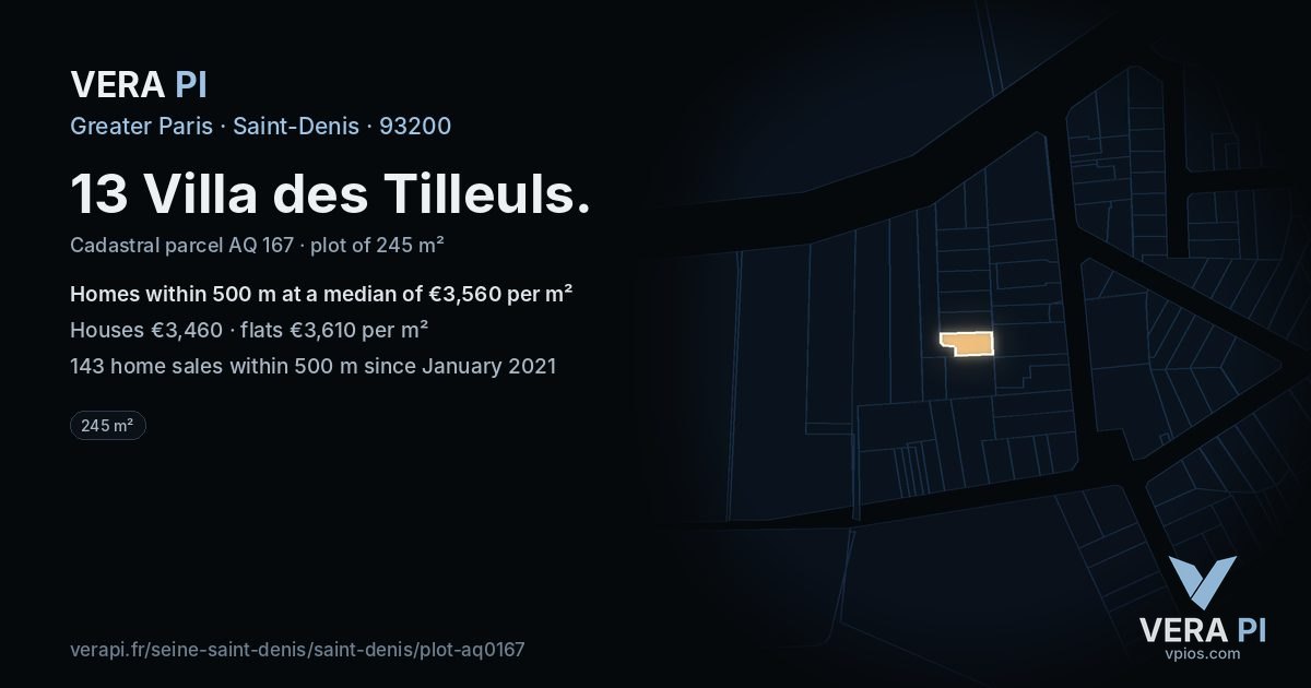 13 Villa des Tilleuls, Saint-Denis at night – the plot lit, the parcels around coloured by the prices near them