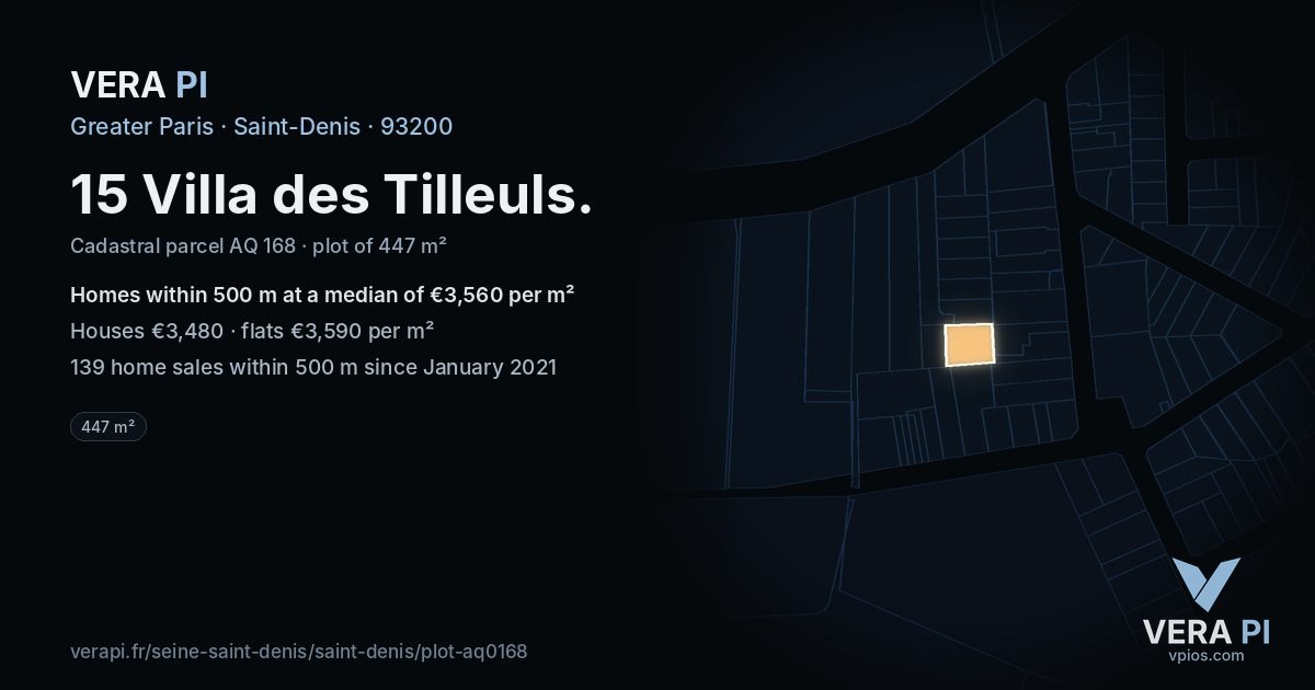 15 Villa des Tilleuls, Saint-Denis at night – the plot lit, the parcels around coloured by the prices near them