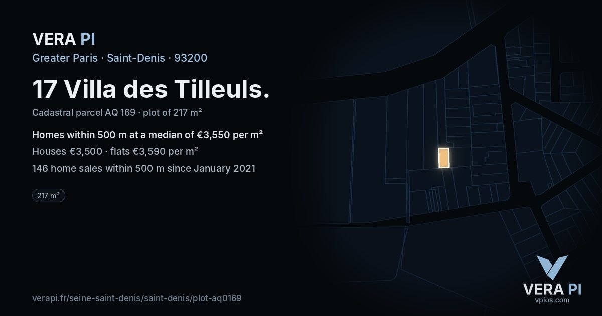 17 Villa des Tilleuls, Saint-Denis at night – the plot lit, the parcels around coloured by the prices near them
