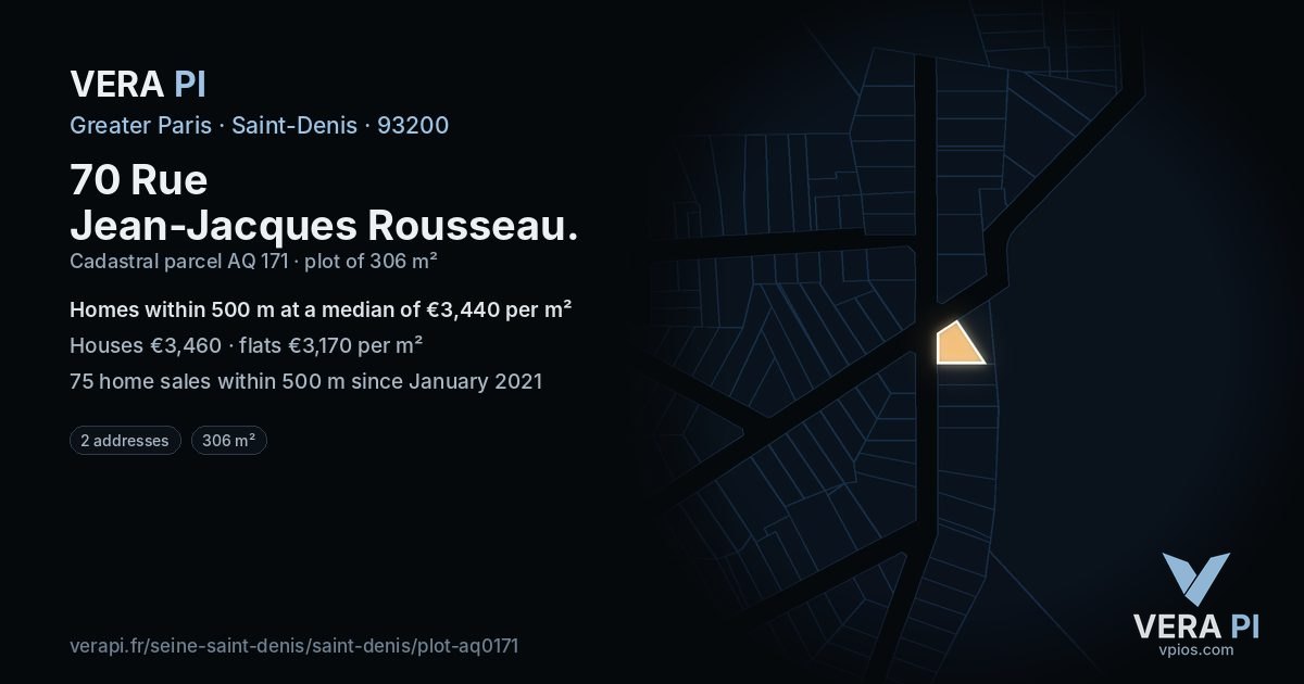 70 Rue Jean-Jacques Rousseau, Saint-Denis at night – the plot lit, the parcels around coloured by the prices near them