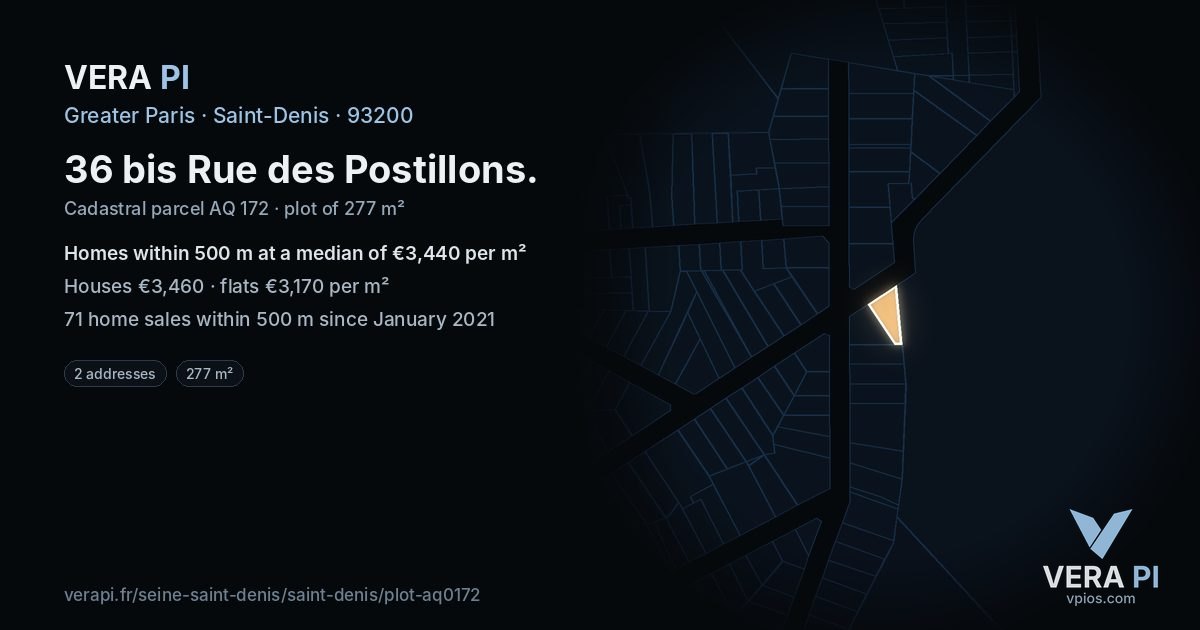 36 bis Rue des Postillons, Saint-Denis at night – the plot lit, the parcels around coloured by the prices near them