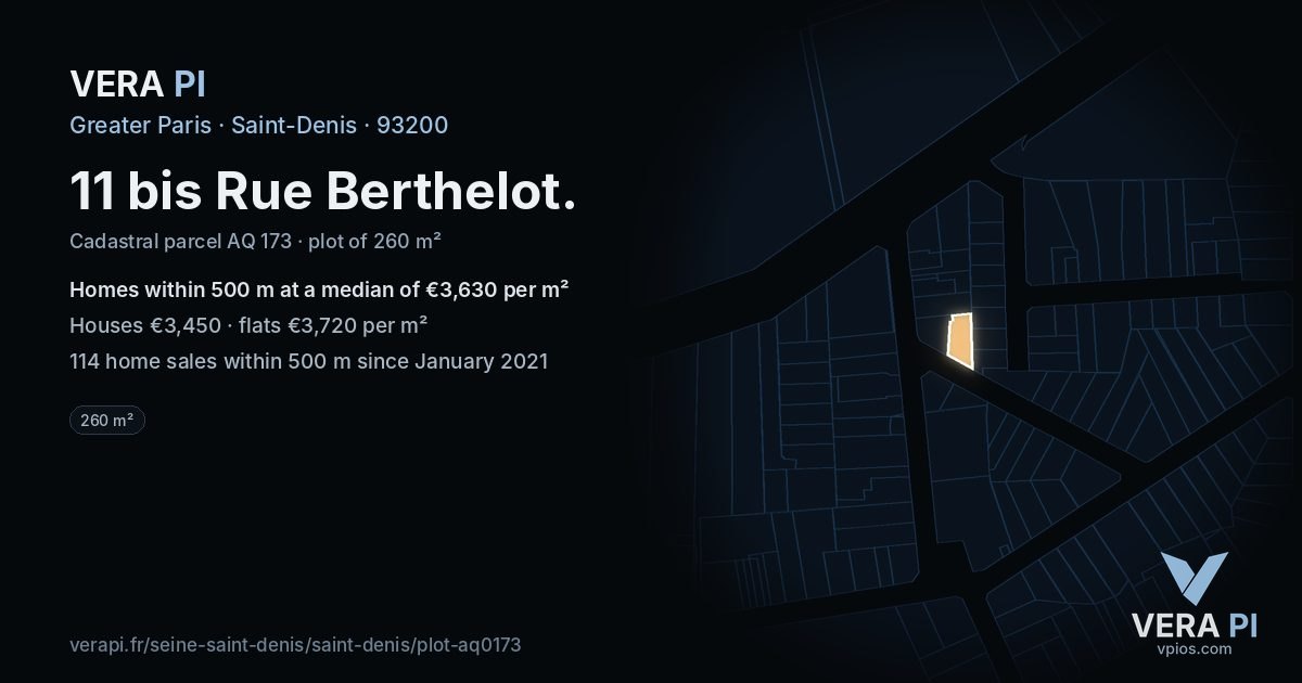 11 bis Rue Berthelot, Saint-Denis at night – the plot lit, the parcels around coloured by the prices near them