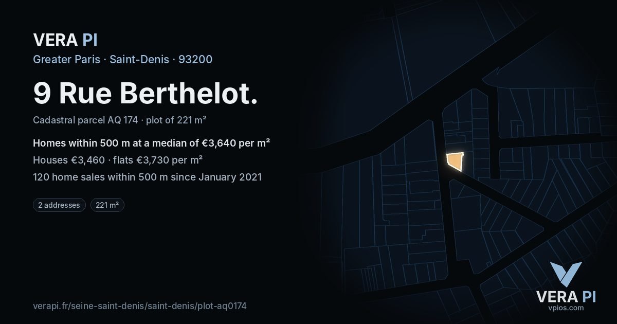 9 Rue Berthelot, Saint-Denis at night – the plot lit, the parcels around coloured by the prices near them