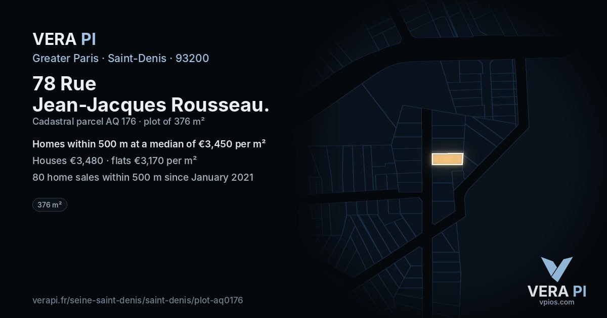 78 Rue Jean-Jacques Rousseau, Saint-Denis at night – the plot lit, the parcels around coloured by the prices near them