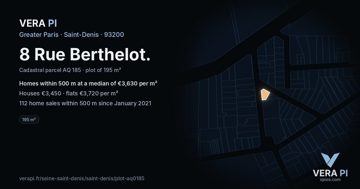 8 Rue Berthelot, Saint-Denis at night – the plot lit, the parcels around coloured by the prices near them