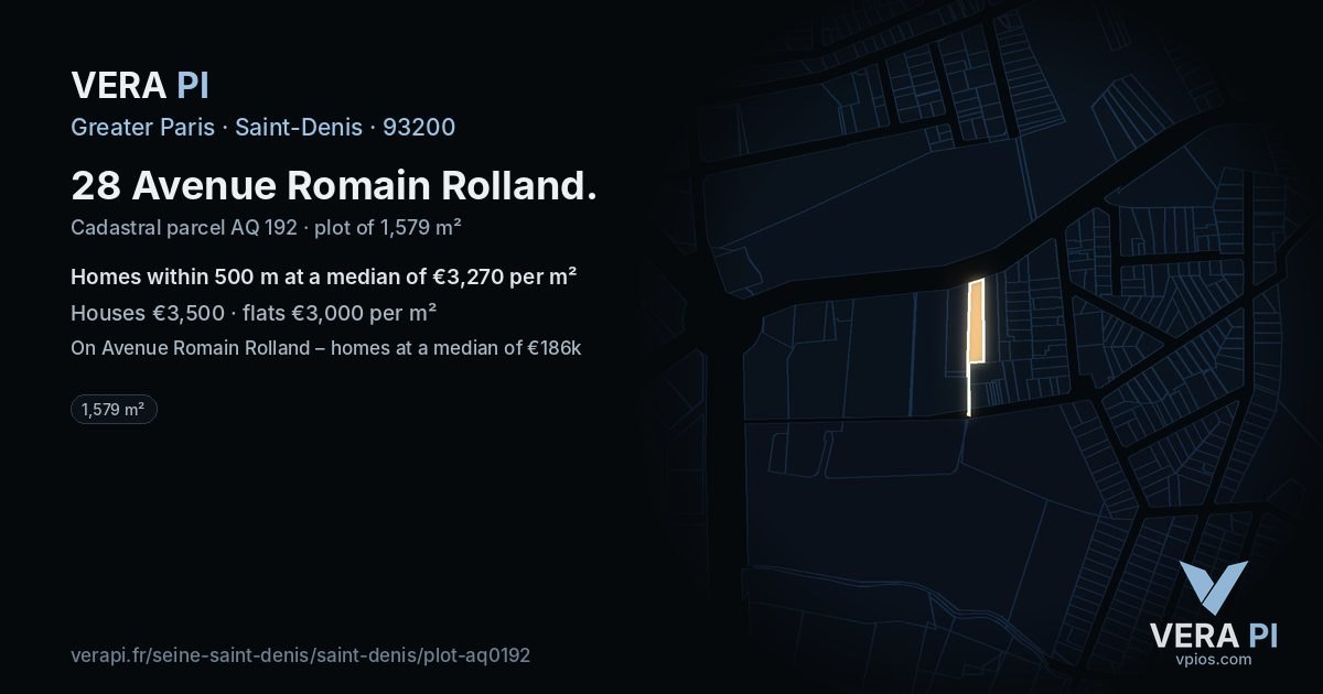 28 Avenue Romain Rolland, Saint-Denis at night – the plot lit, the parcels around coloured by the prices near them