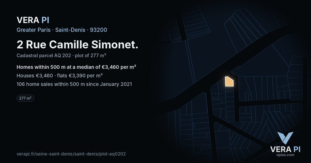 2 Rue Camille Simonet, Saint-Denis at night – the plot lit, the parcels around coloured by the prices near them