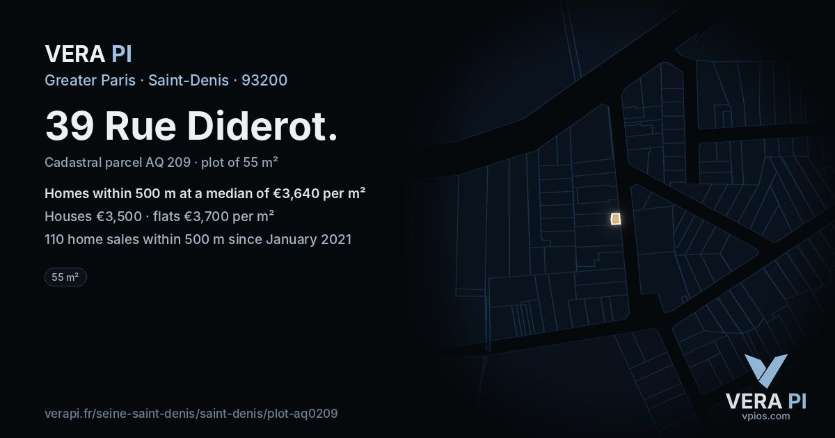39 Rue Diderot, Saint-Denis at night – the plot lit, the parcels around coloured by the prices near them