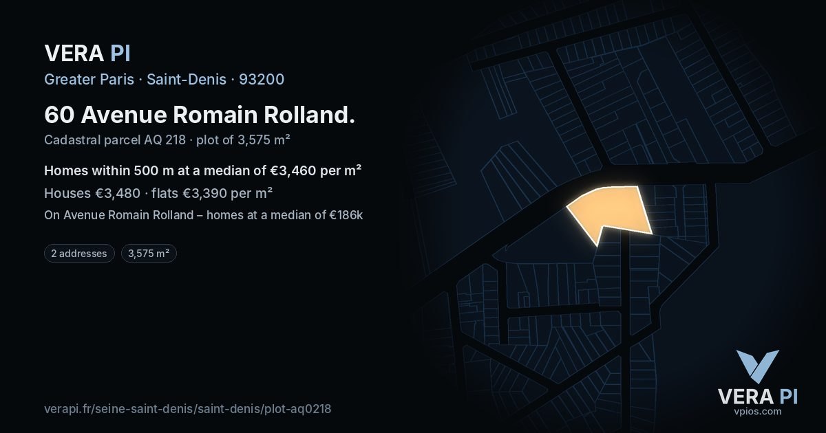 60 Avenue Romain Rolland, Saint-Denis at night – the plot lit, the parcels around coloured by the prices near them
