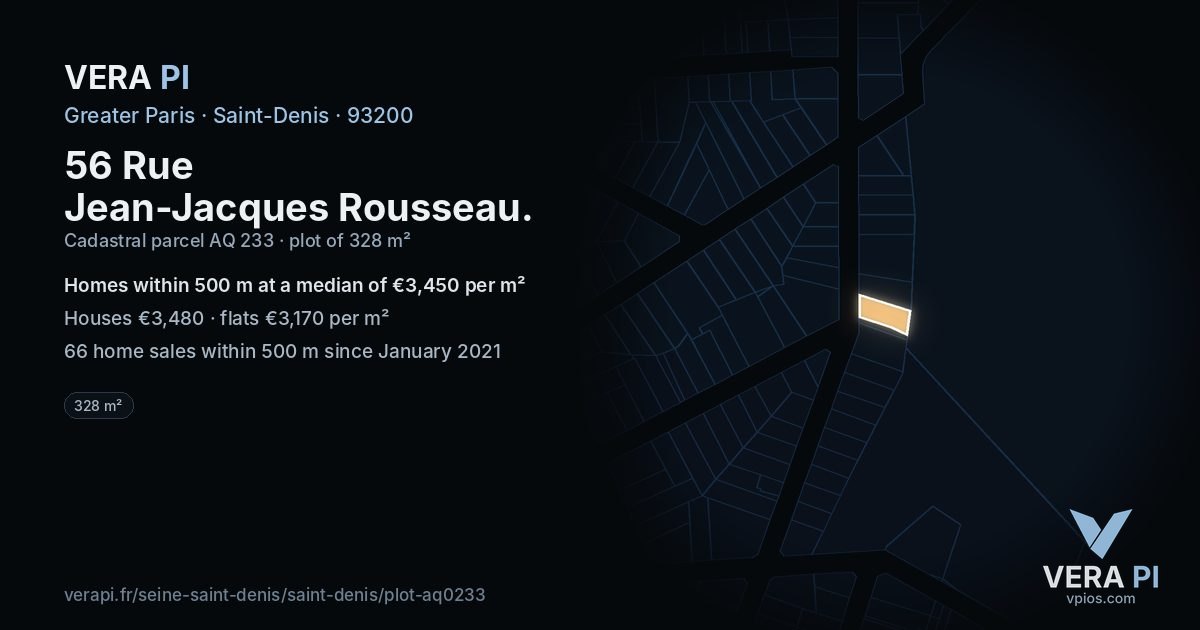 56 Rue Jean-Jacques Rousseau, Saint-Denis at night – the plot lit, the parcels around coloured by the prices near them