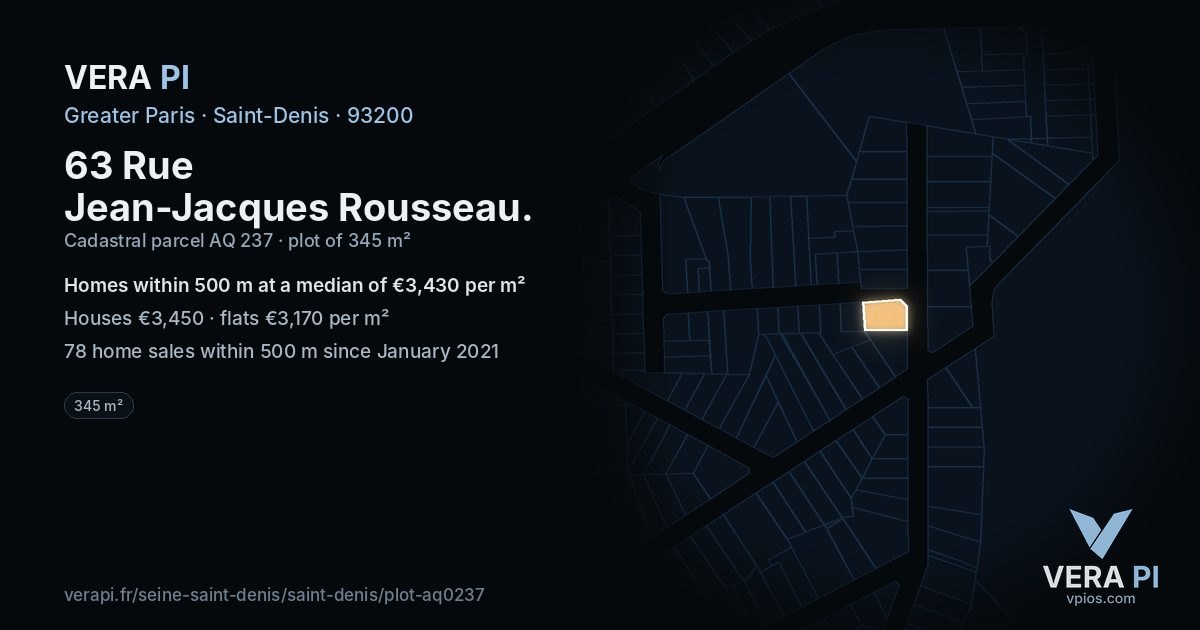 63 Rue Jean-Jacques Rousseau, Saint-Denis at night – the plot lit, the parcels around coloured by the prices near them