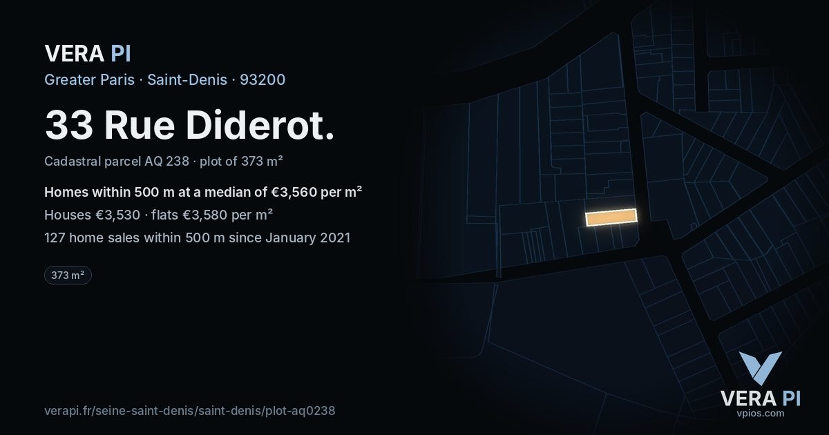 33 Rue Diderot, Saint-Denis at night – the plot lit, the parcels around coloured by the prices near them