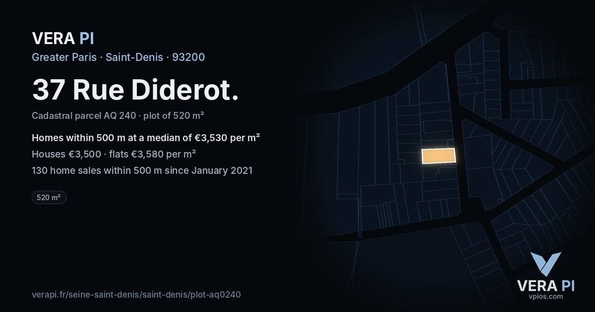 37 Rue Diderot, Saint-Denis at night – the plot lit, the parcels around coloured by the prices near them
