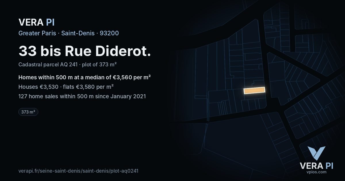 33 bis Rue Diderot, Saint-Denis at night – the plot lit, the parcels around coloured by the prices near them