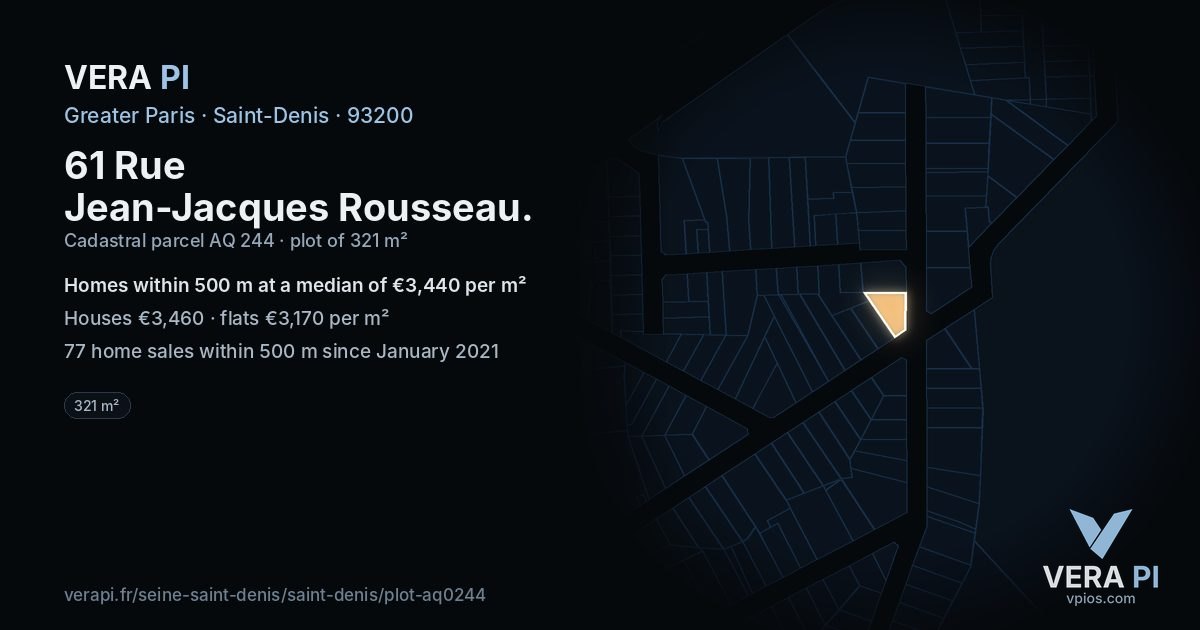 61 Rue Jean-Jacques Rousseau, Saint-Denis at night – the plot lit, the parcels around coloured by the prices near them