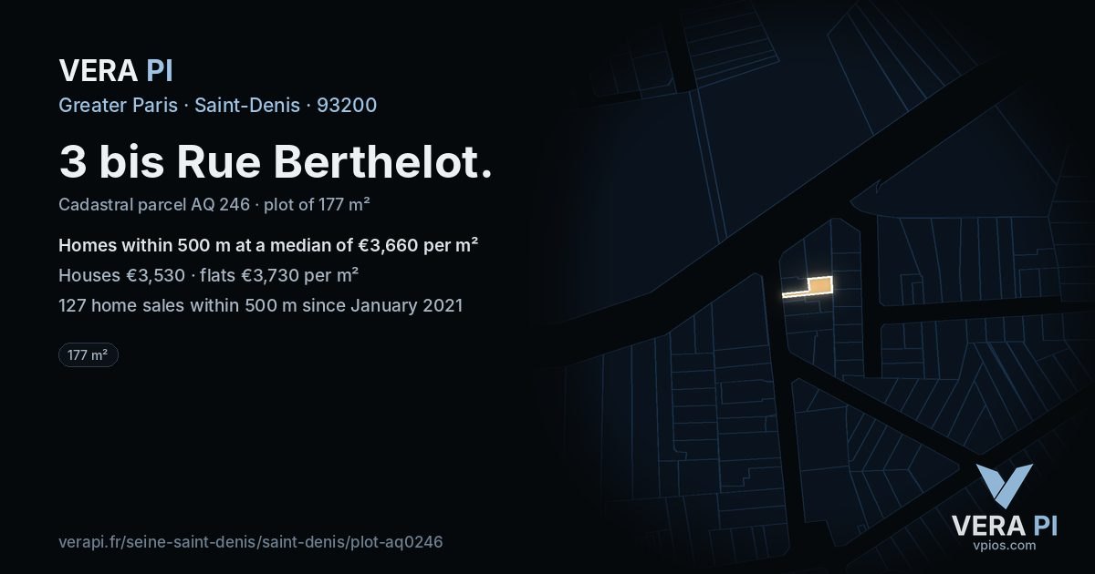 3 bis Rue Berthelot, Saint-Denis at night – the plot lit, the parcels around coloured by the prices near them