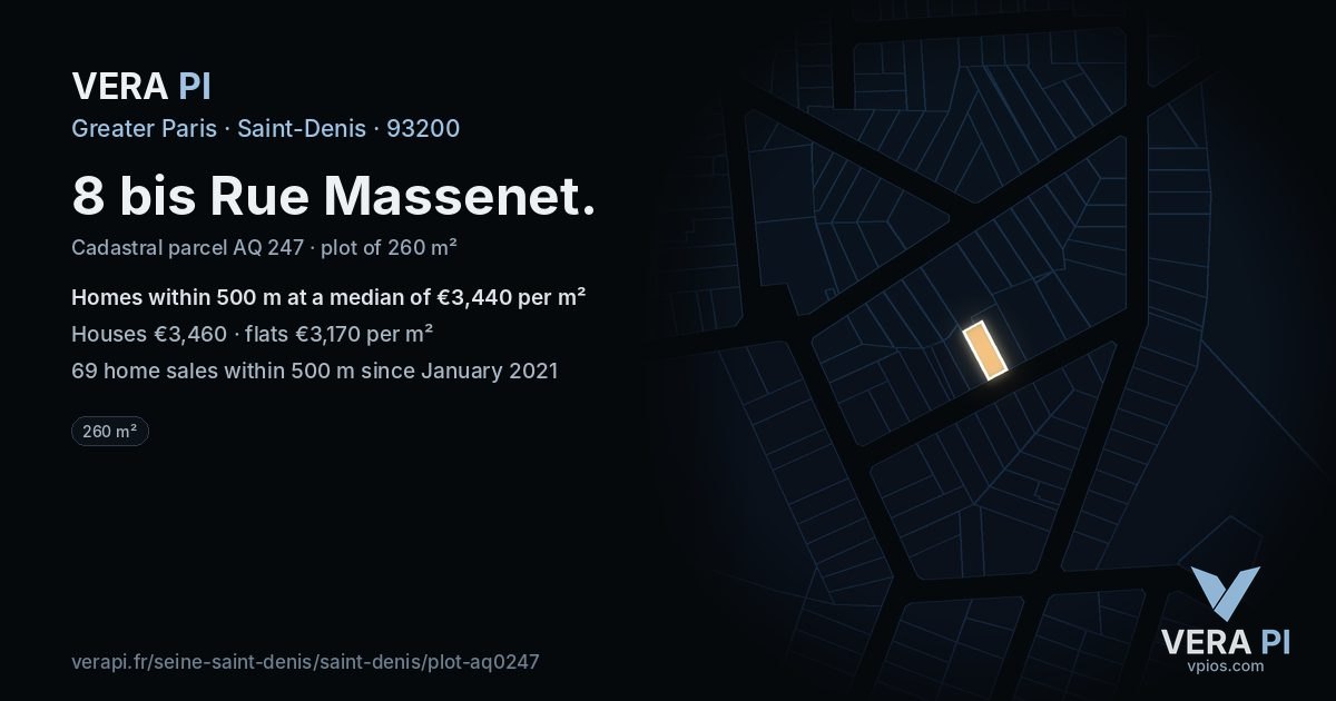 8 bis Rue Massenet, Saint-Denis at night – the plot lit, the parcels around coloured by the prices near them