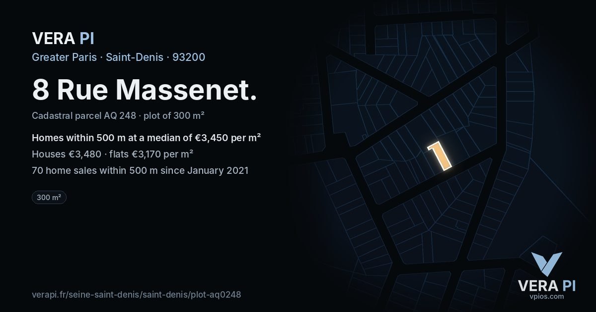 8 Rue Massenet, Saint-Denis at night – the plot lit, the parcels around coloured by the prices near them