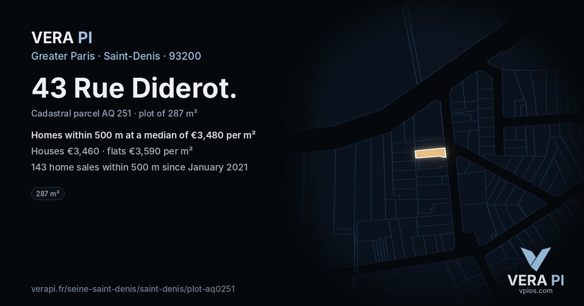 43 Rue Diderot, Saint-Denis at night – the plot lit, the parcels around coloured by the prices near them