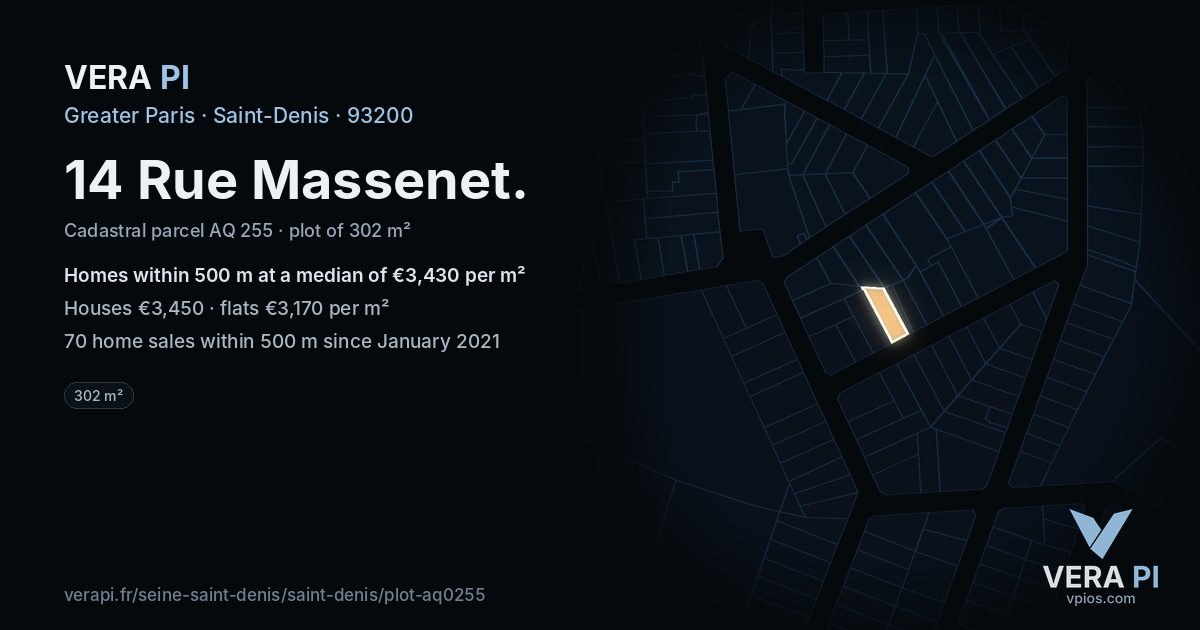 14 Rue Massenet, Saint-Denis at night – the plot lit, the parcels around coloured by the prices near them