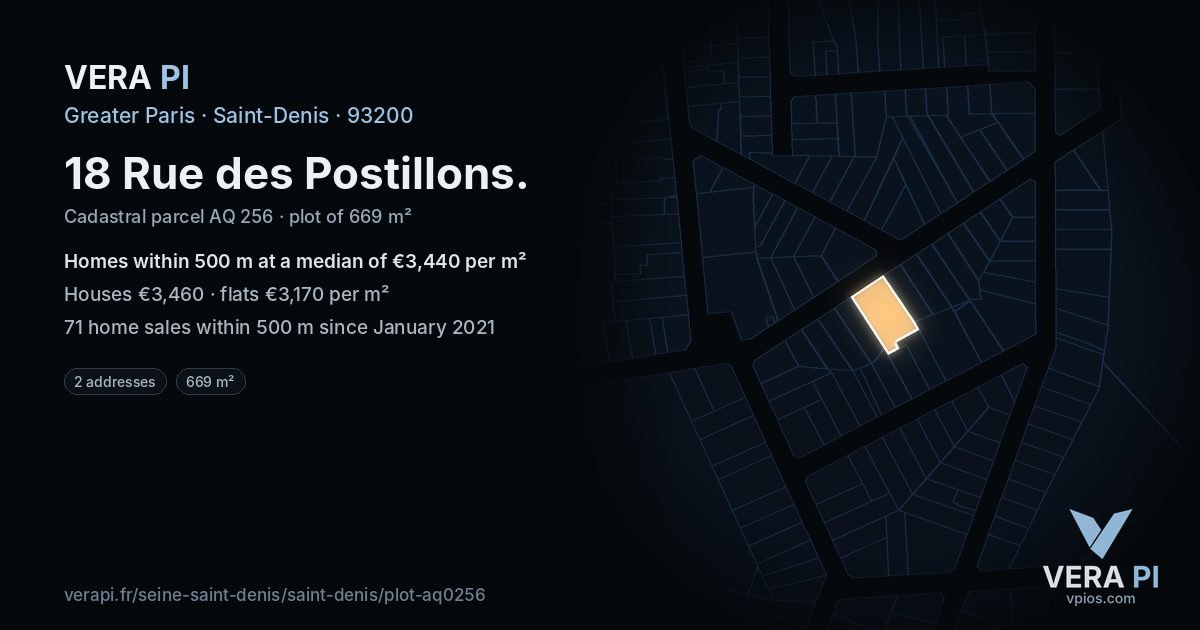 18 Rue des Postillons, Saint-Denis at night – the plot lit, the parcels around coloured by the prices near them