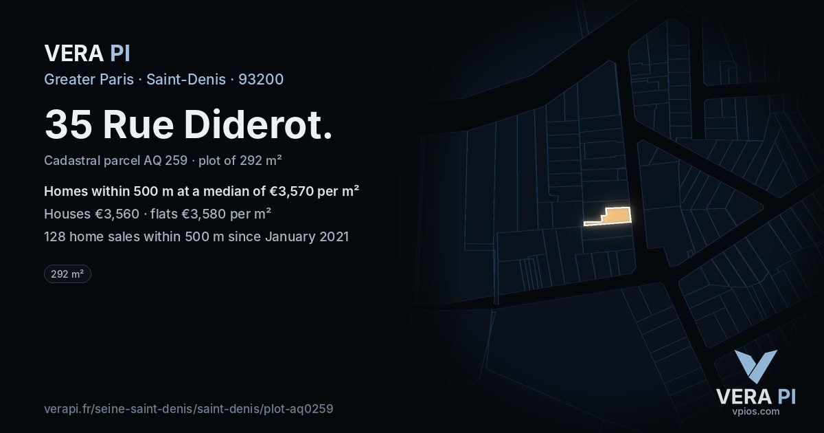 35 Rue Diderot, Saint-Denis at night – the plot lit, the parcels around coloured by the prices near them
