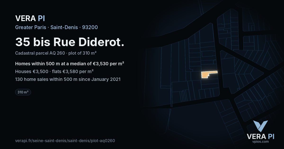 35 bis Rue Diderot, Saint-Denis at night – the plot lit, the parcels around coloured by the prices near them