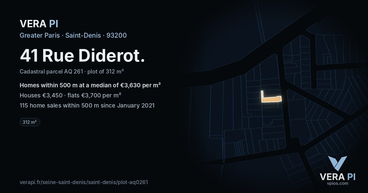 41 Rue Diderot, Saint-Denis at night – the plot lit, the parcels around coloured by the prices near them